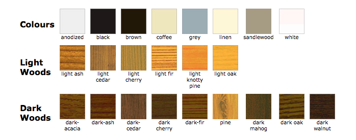 available colours and wood finishes for retractable screens